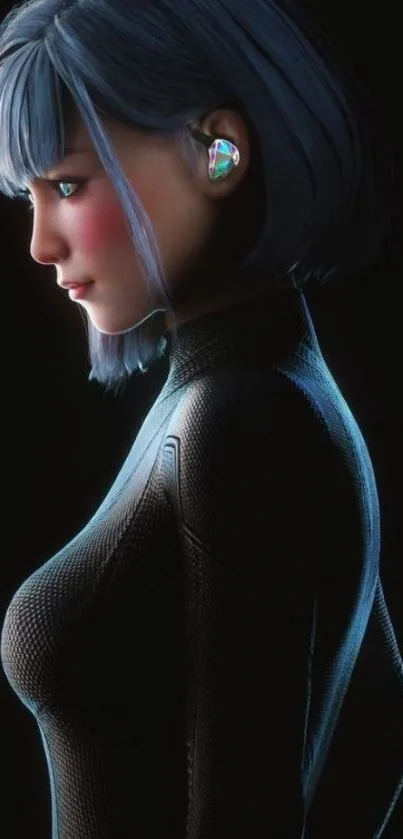 Futuristic digital art of a blue-haired female in profile view against a black background.