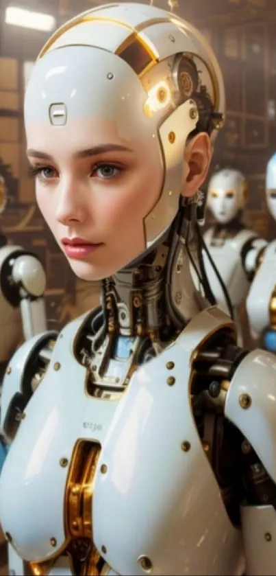 Futuristic female robot design in a tech-themed wallpaper.