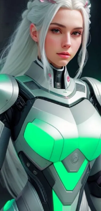 Futuristic female robot warrior with neon green accents on a mobile wallpaper.