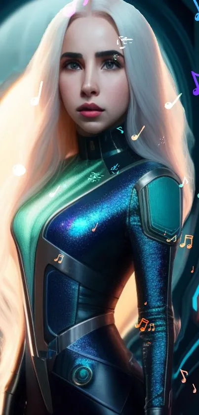 Futuristic female character in sci-fi suit with musical notes.