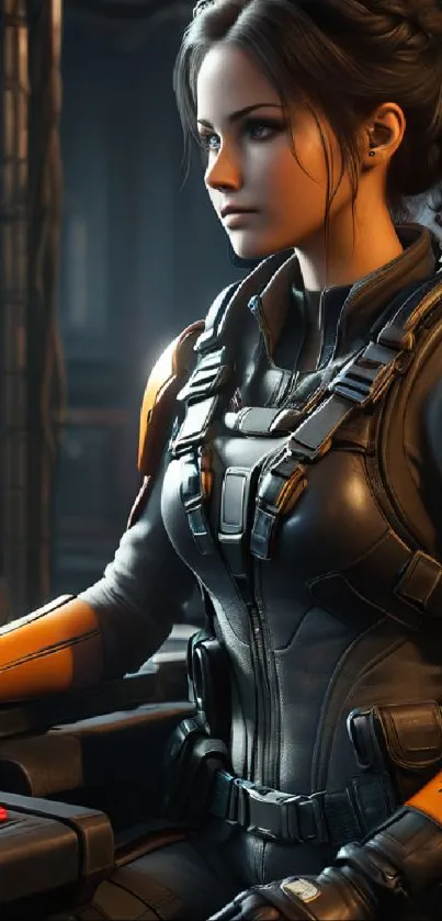 Futuristic female warrior in an orange and black advanced combat suit.