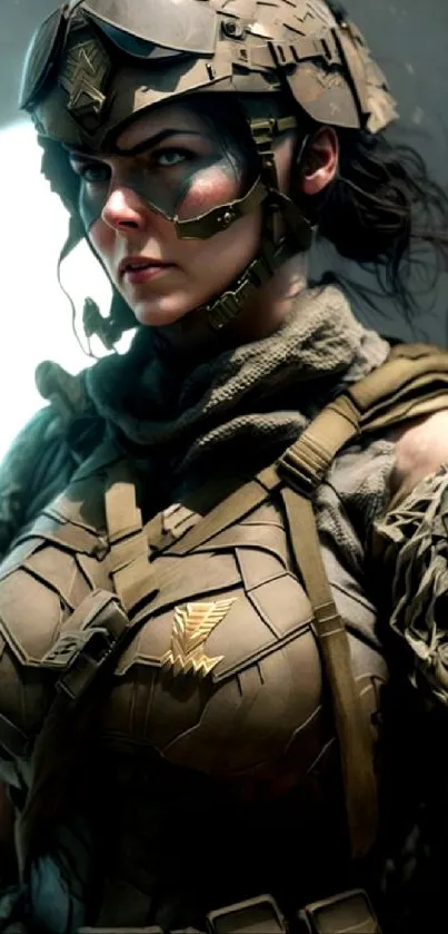 Futuristic female soldier in advanced armor with a determined expression.