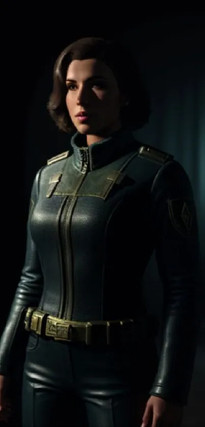 Futuristic female soldier in detailed dark suit, standing heroically in dim light.