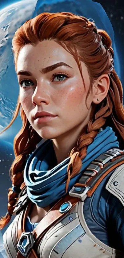 Artistic wallpaper of a female space explorer with planets in the background.