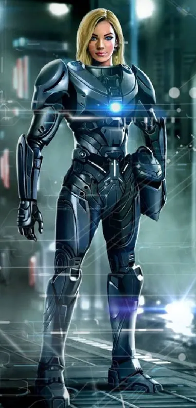 Futuristic female warrior in armored suit standing confidently in a high-tech environment.