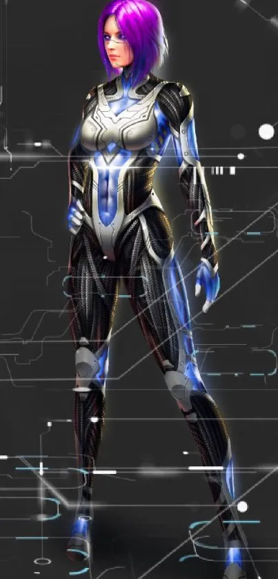 Futuristic female warrior in luminous armor on a dark background.