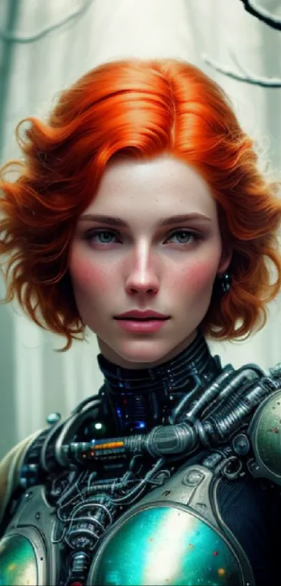 Futuristic female warrior in a mystical forest with striking auburn hair.