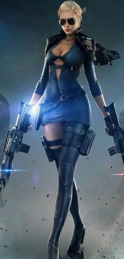 Futuristic female warrior with dual guns in dark urban setting.