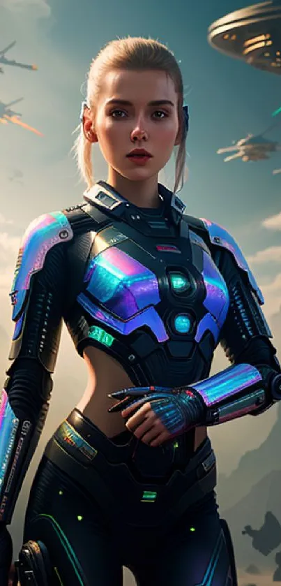 Futuristic female warrior in sci-fi armor with cosmic backdrop.