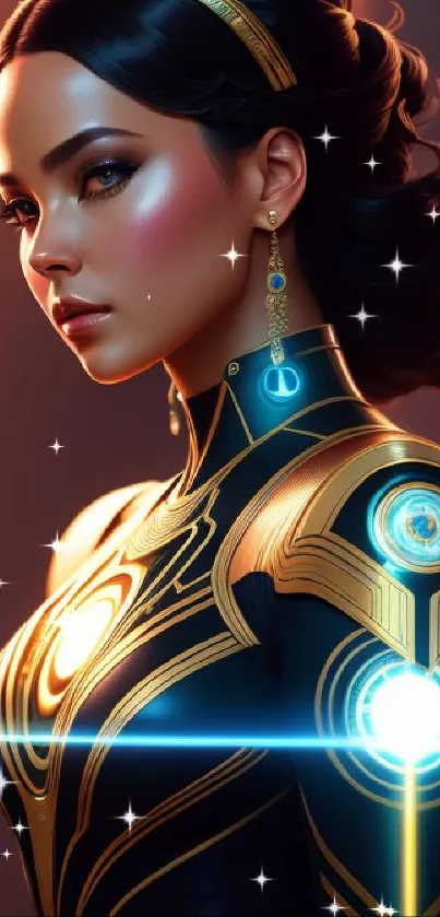 Futuristic female warrior in neon glow.
