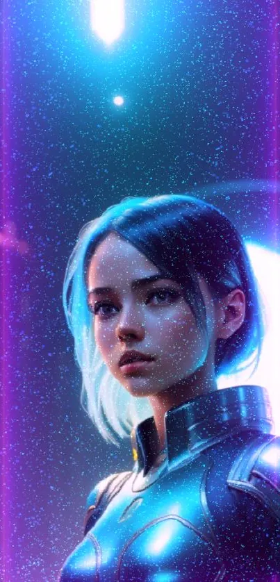 Futuristic female warrior in neon blue light with cityscape background.