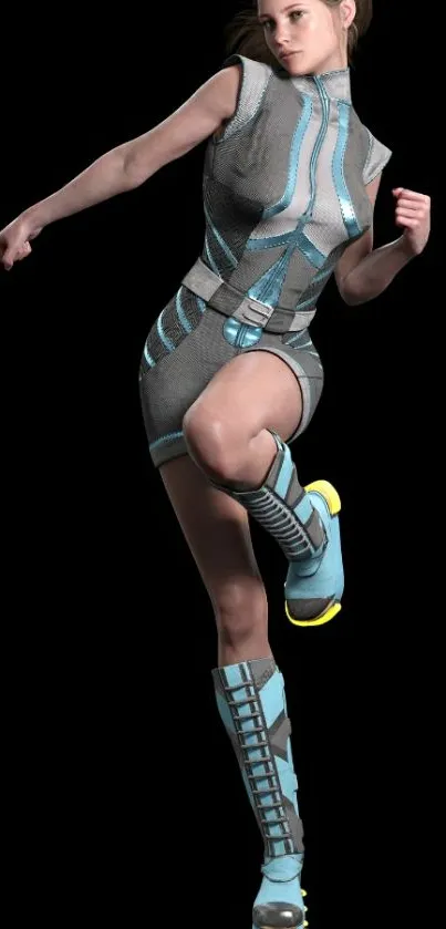 Futuristic female warrior in action pose with vibrant blue details.