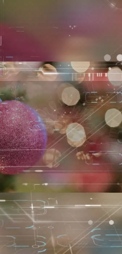 Pink Christmas ornament with futuristic digital overlay.