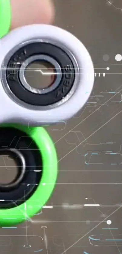 Fidget spinner with digital design and green accents.