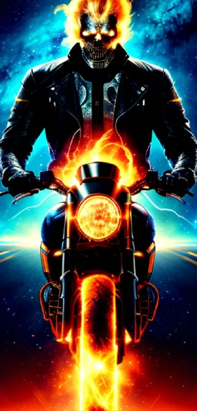 Fiery skeleton biker riding in neon blue scene.