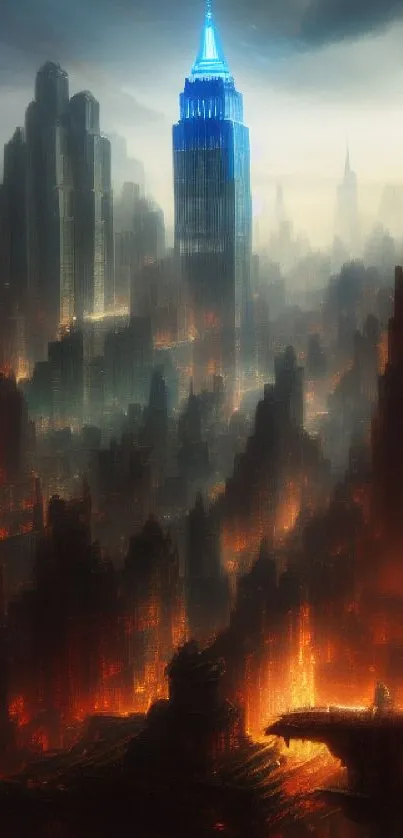 Fiery futuristic cityscape with a blue-lit tower amidst glowing buildings.