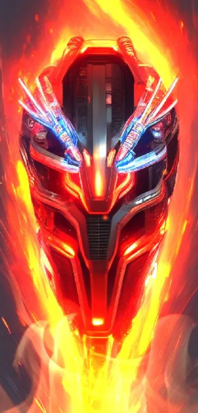 Futuristic fiery helmet with vibrant colors on mobile wallpaper.