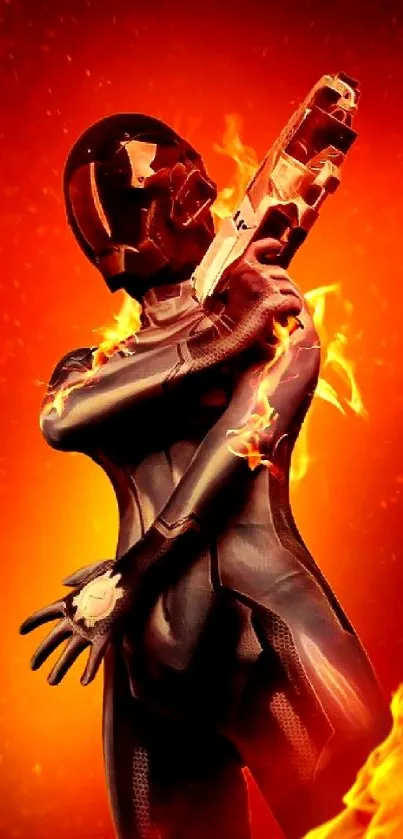 Futuristic warrior in fiery armor set against a vivid orange background.