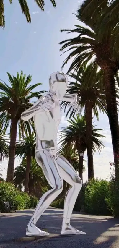 Futuristic silver figure stands on palm-lined street under blue sky.