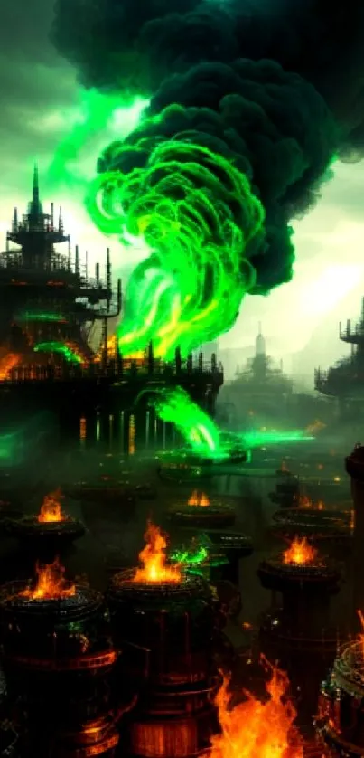 Futuristic cityscape with green smoke and fiery elements in a digital artwork.