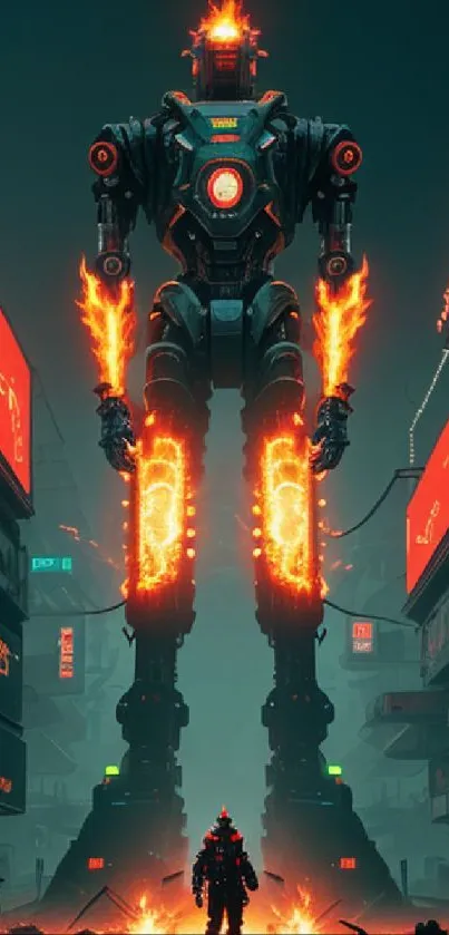 Futuristic city with a fiery robot towering over a neon-lit street.