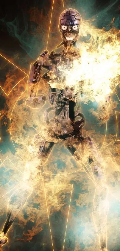 Dynamic wallpaper of a fiery robot engulfed in flames.