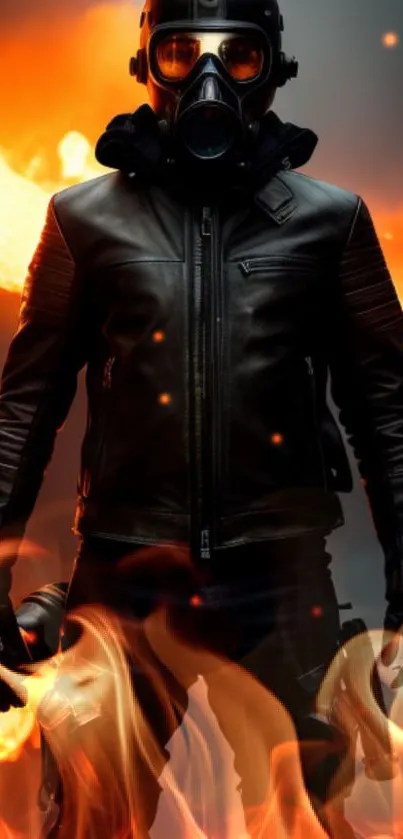 Futuristic firefighter in leather suit amidst flames.