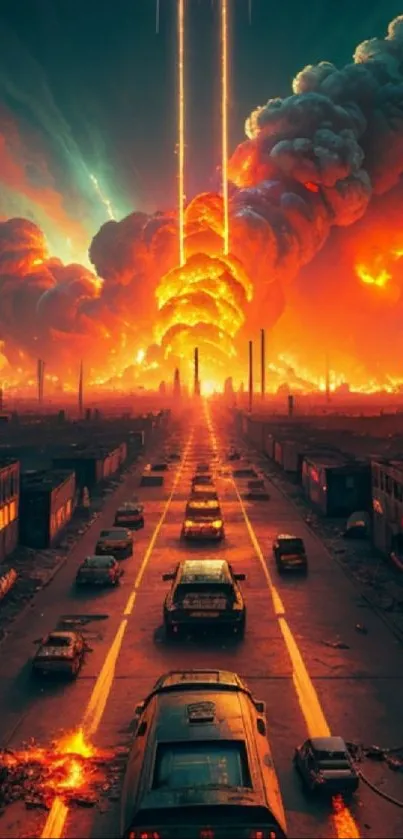 Futuristic city in flames with cars driving through an apocalyptic landscape.