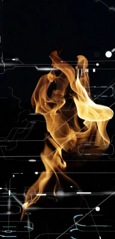 Futuristic digital wallpaper with flames and tech elements.