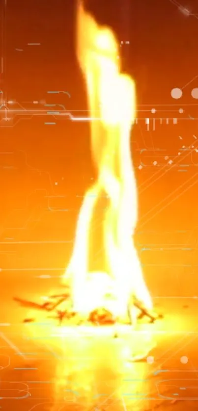 Dynamic flame against a futuristic digital backdrop wallpaper.