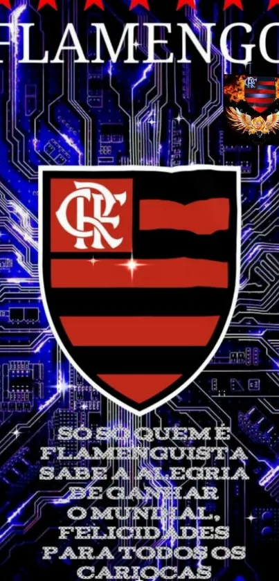 Flamengo club logo on bright electric blue circuit wallpaper.