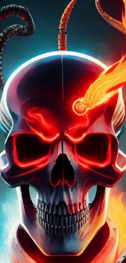 Futuristic design of a flaming skull with vibrant colors and cyberpunk elements.