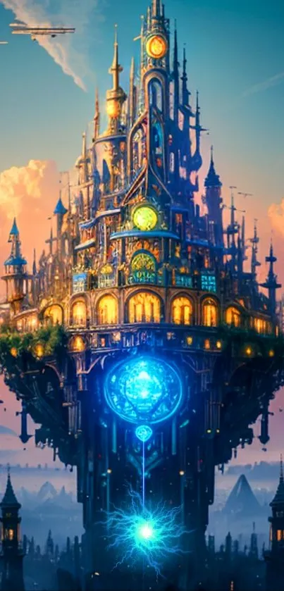 Illustrated futuristic floating castle against a vivid sky.