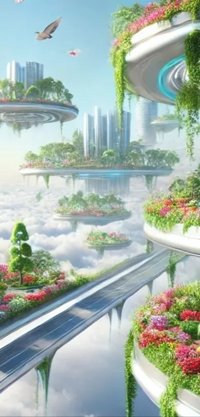 Futuristic cityscape with floating gardens and nature.