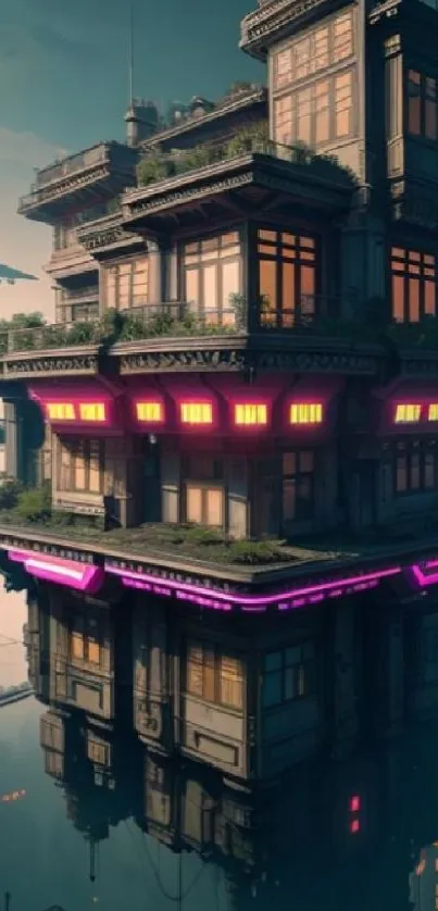 Futuristic floating house with neon lights over reflective water.