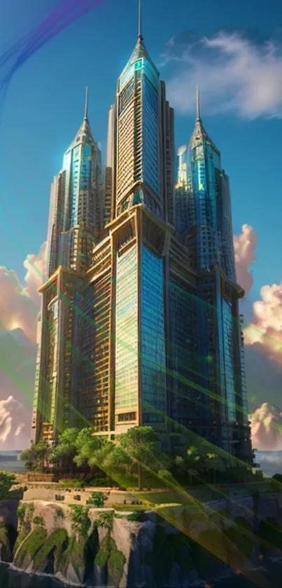 Futuristic skyscraper floating on island, sky and cloud background.