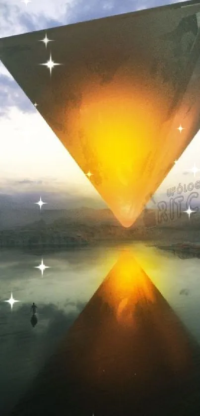 Futuristic wallpaper with glowing pyramids over water.