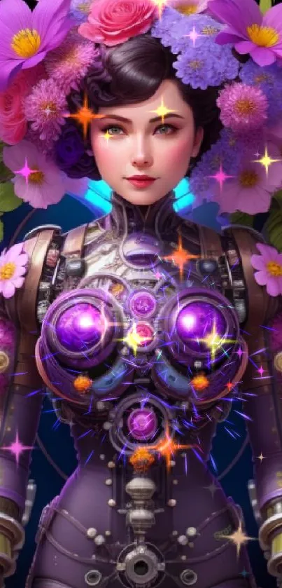 Futuristic android with floral elements in purple and pink hues.