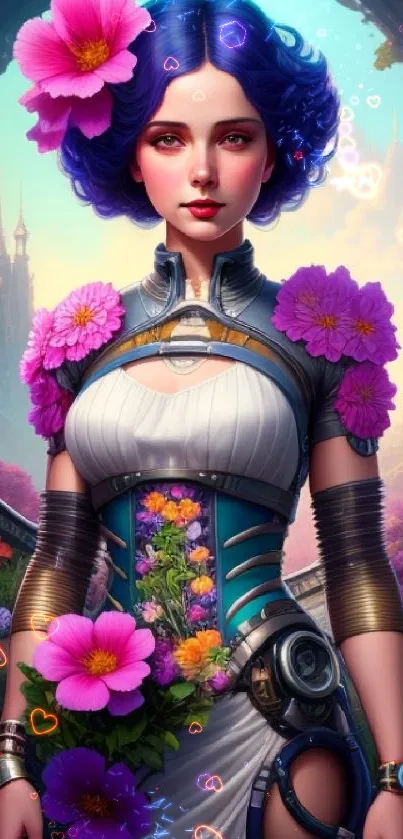 Futuristic female character with floral accents in vibrant colors.