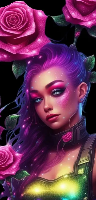 Digital art of a futuristic warrior with neon roses and vibrant colors.