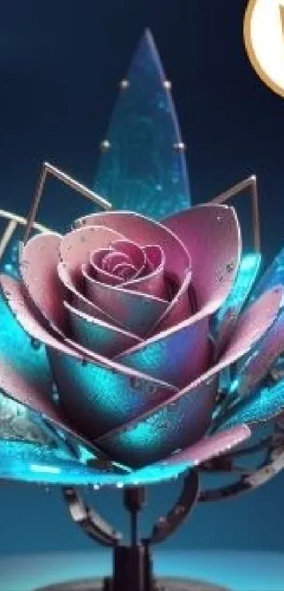 Futuristic metal flower with vibrant colors and intricate design.