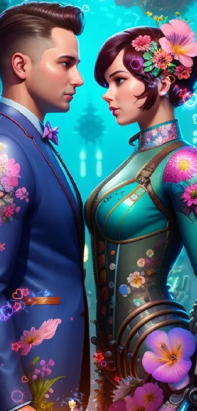 Futuristic couple with floral designs in a digital art wallpaper.