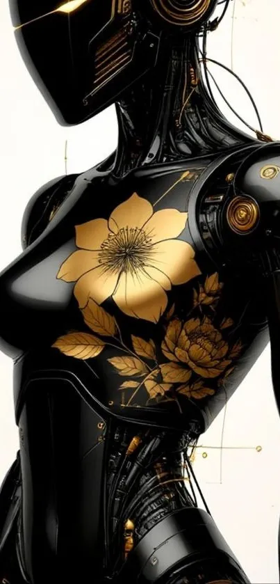 Futuristic black robot with floral design accents