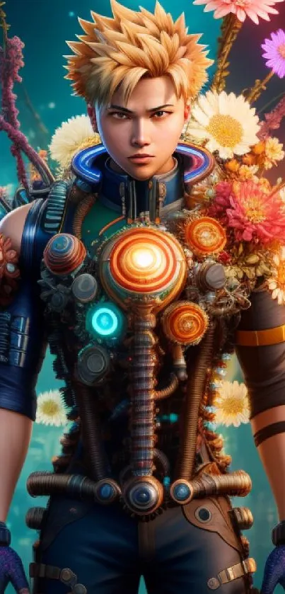 Cyborg with flowers, blending nature and technology in vibrant hues.