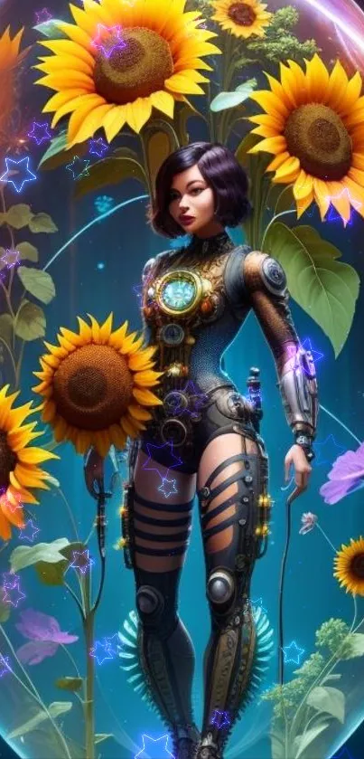 Futuristic cyborg with sunflowers and neon elements in vibrant mobile wallpaper.