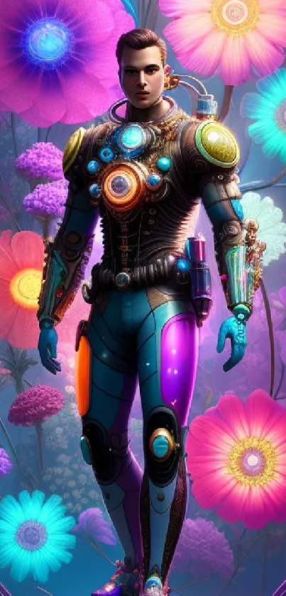 Futuristic cyborg with colorful floral background in vibrant hues.