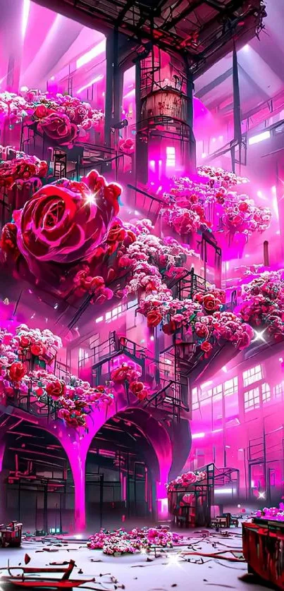 Futuristic floral scene with pink roses and modern architecture.