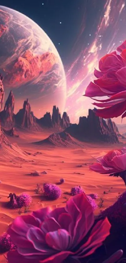 Futuristic Mars landscape with pink flowers and cosmic sky.