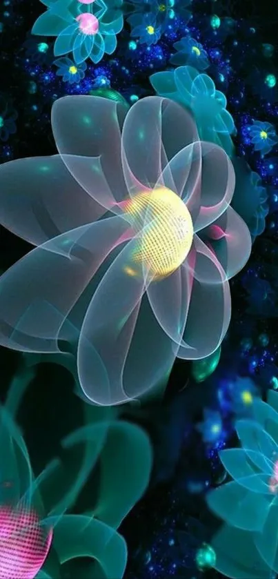 Futuristic glowing flowers on a dark background, creating a sci-fi ambiance.