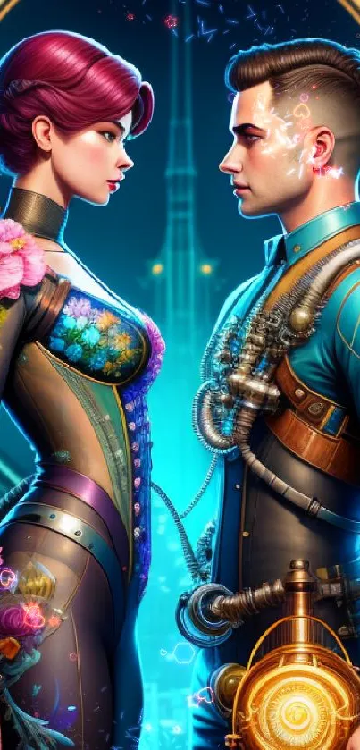 Futuristic steampunk couple with floral and mechanical details.